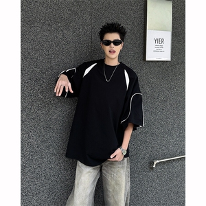 8XL-M 美式小众高级感拼接短袖T恤男夏简约百搭宽松纯棉上衣DX336图片