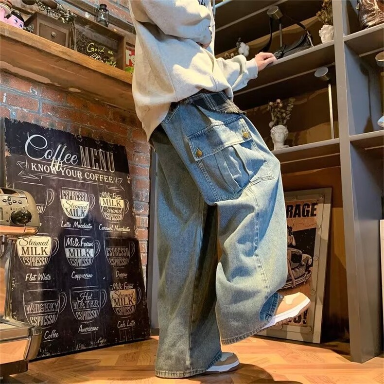 复古水洗宽松阔腿牛仔裤男垂感拖地慵懒工装大口袋老爹裤N5061P43,男装牛仔裤,星座1116-2