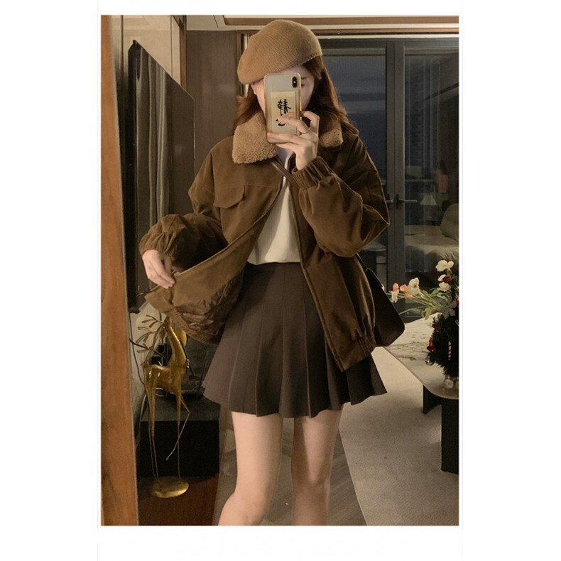 CC688-P115美拉德系羊羔毛翻领麂皮夹棉外套美式复古宽松显瘦棉服图片