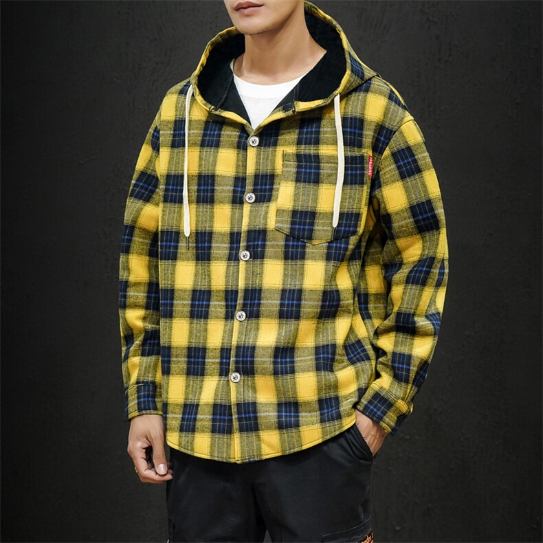 2019冬季新日系大码黑墙格子连帽加绒加厚保暖衬衣C5261-P60,男装衬衫,电商A001