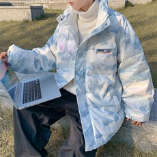 港风ins宽松潮流保暖外套冬季扎染潮牌立领贴标面包服W6264-P90，男装棉衣，星座512-2