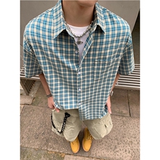 美式复古格子衬衫夏季百搭潮流男士衬衣潮流情侣装百搭短袖P38，男装T恤，电商C306-1