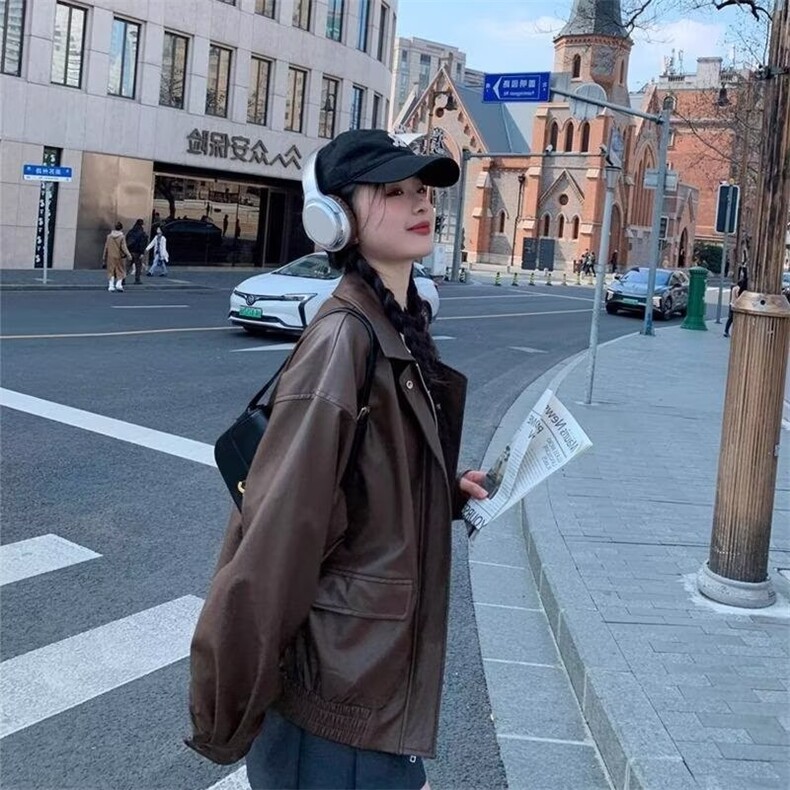复古高级感翻领宽松短款欧美风飞行员夹克皮衣外套Y1014-P68网图，女装风衣，电商B245