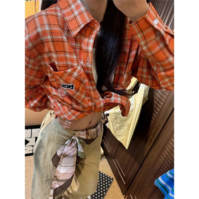 橙色格子衬衫美式刺绣外套C9812-P55,男装衬衫,星座918-1