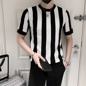 竖条纹短袖针织衫男春夏季潮牌打底衫男装上衣服简约半袖体恤S250图片