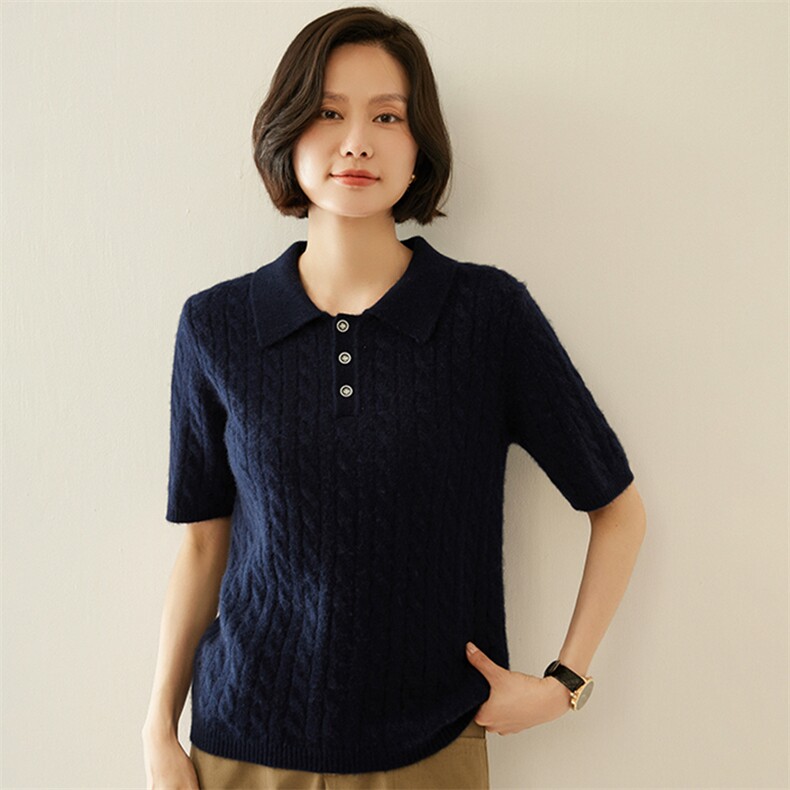 小baby山羊绒衫女春秋新款Polo领麻花短袖T恤显瘦毛衣针织打底衫,女装羊绒衫,纳丰羊绒