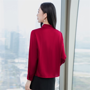 重磅高端酒红色真丝衬衫女长袖2026春新款修身妈妈真丝上衣图片