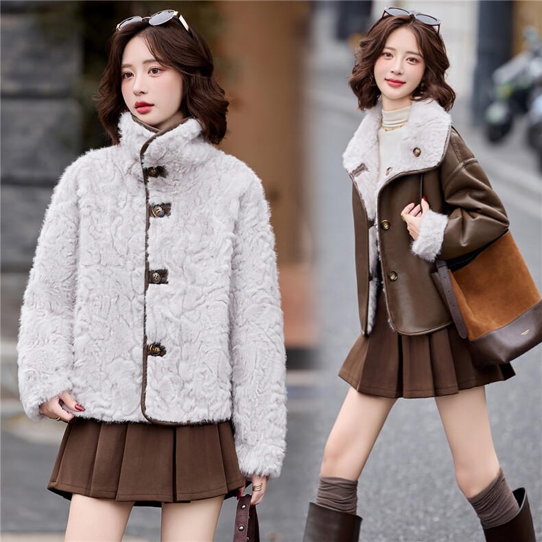 2025年秋冬新款新款花狐皮毛一体正反面两穿短款外套，女装羊羔毛/颗粒绒，鑫鑫美