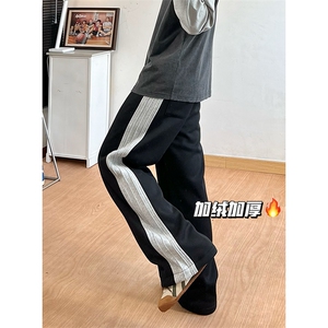 加绒  65%棉 设计感拼接卫裤男长裤直筒百搭阔腿裤潮 特P45 控78图片