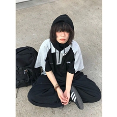 美式polo衫短袖男女夏季撞色拼接情侣T恤半拉链翻领宽松半袖上衣，男装T恤，星座506A