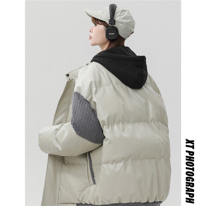 中性风白墙毛线衣拼接PU皮棉衣男:聚酯纤维MY78756P140控198，女装棉衣/棉服，星座227-7