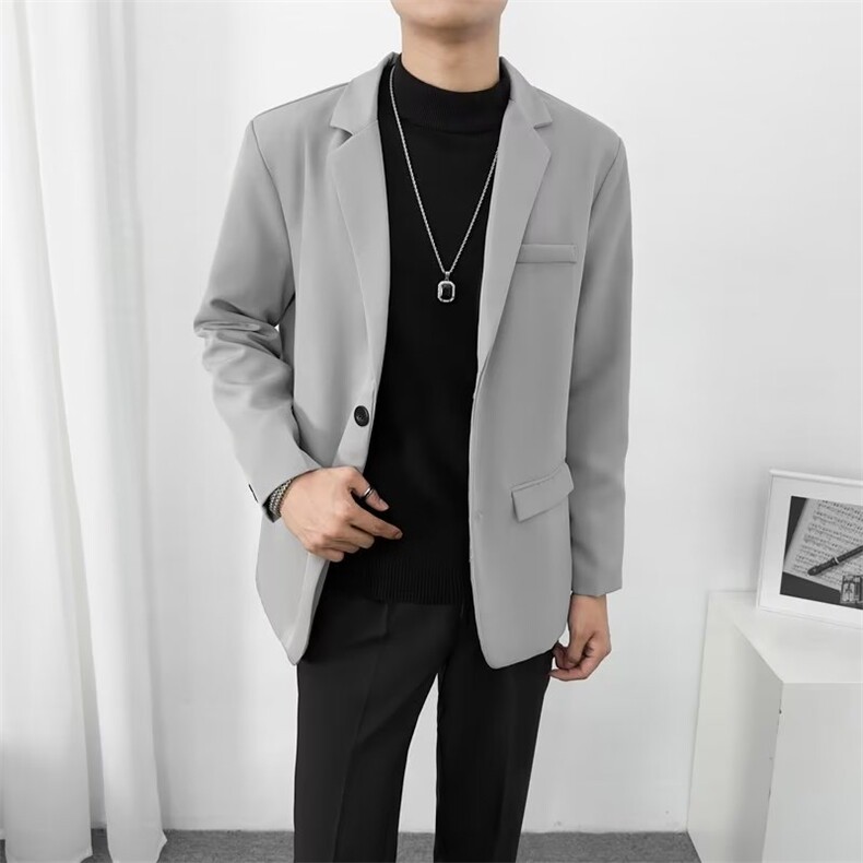 轻熟风免烫小西装男士韩版早秋潮流帅s黑色休闲商务西服外套 Y70图片