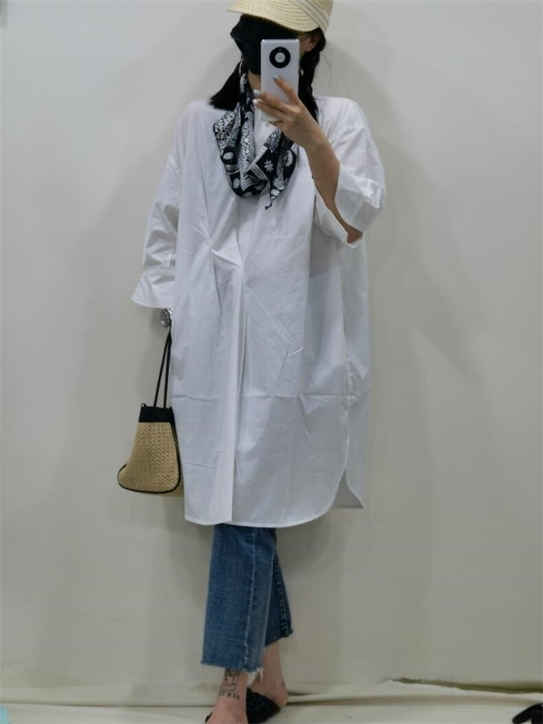 夏季新款带丝巾衬衫料t中长款t桖，女装衬衫，咔咔昵