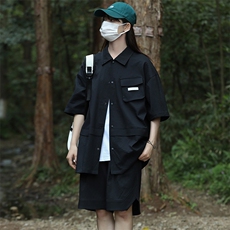 夏上新中性风纯色翻领衬衫潮牌短裤半袖套装男女8717-P85控价138，男装衬衫，电商A441-1