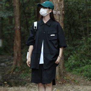 夏上新中性风纯色翻领衬衫潮牌短裤半袖套装男女 8717-P85控价138图片