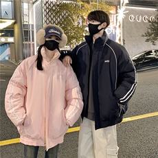 情侣装冬装港风条纹织带棉服棉衣休闲加厚外套男女G1107P118，男装棉衣，电商A339