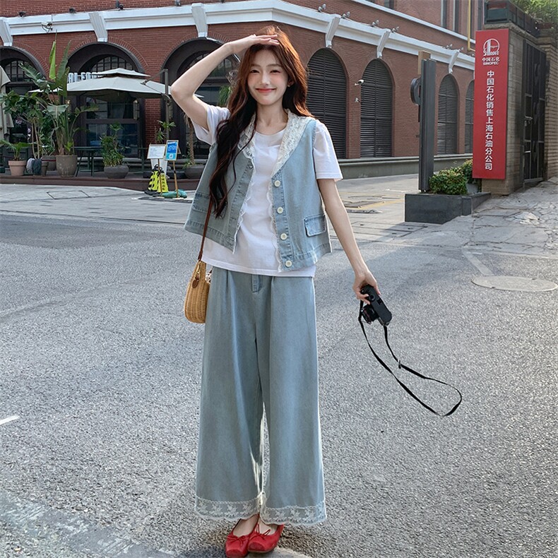 蕾丝拼接薄款牛仔马甲时尚套装女夏新款时尚洋气休闲九分裤两件套,女装套装/套裙,2C122