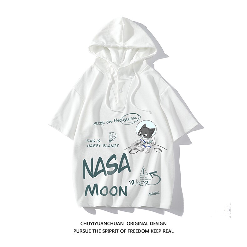 NASA连帽短袖t恤男大码胖子带帽五分袖中袖  白底 LD54187-P45图片