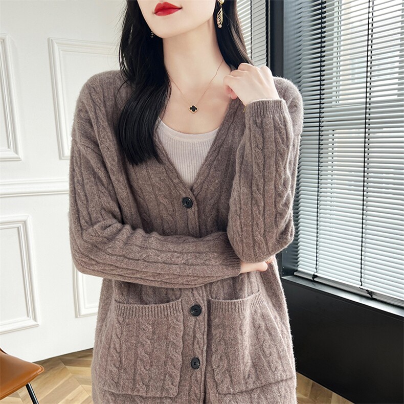 女开衫外套2024秋冬新款中长款宽松大口袋慵懒风百搭针织羊毛衫,女装羊毛衫,蒙特羊绒
