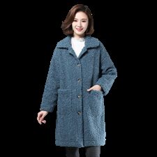 2020新款时尚女装长款翻领仿羊羔毛外套保暖显瘦大衣，女装羊羔毛/颗粒绒，叶笙衣