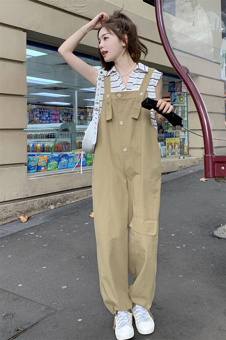 韩版学院风减龄工装背带裤女2025夏季新款法式宽松显瘦盐系阔腿裤,女装连体裤,辉之琳