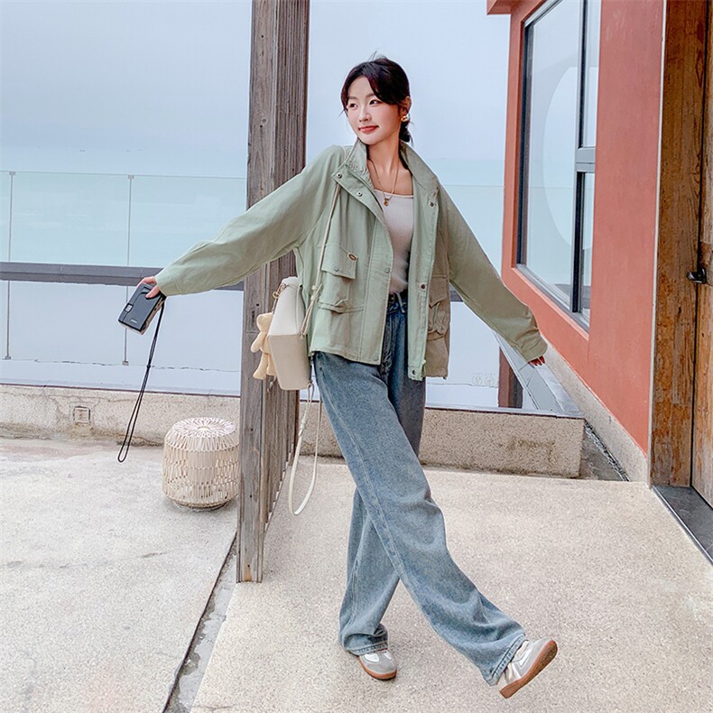 绿色工装外套女短款2024春秋新款宽松洋气减龄休闲百搭小个子夹克,女装短外套,辉之琳