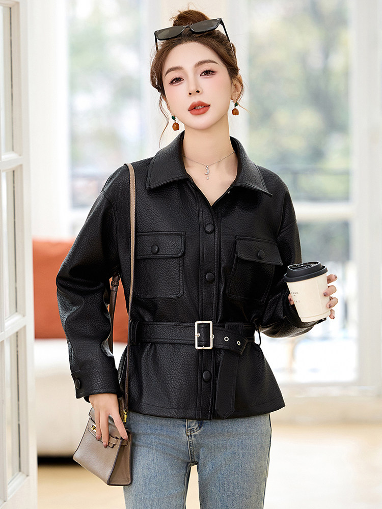 皮衣外套女2025年新款春秋高级感小个子收腰修身显瘦短款翻领夹克,女装皮衣,布芭啦