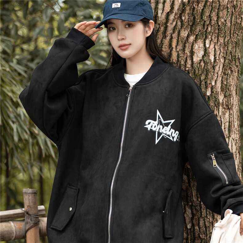 24春秋款美式复古麂皮绒飞行棒球服男女夹克外套JF251-P80控108图片