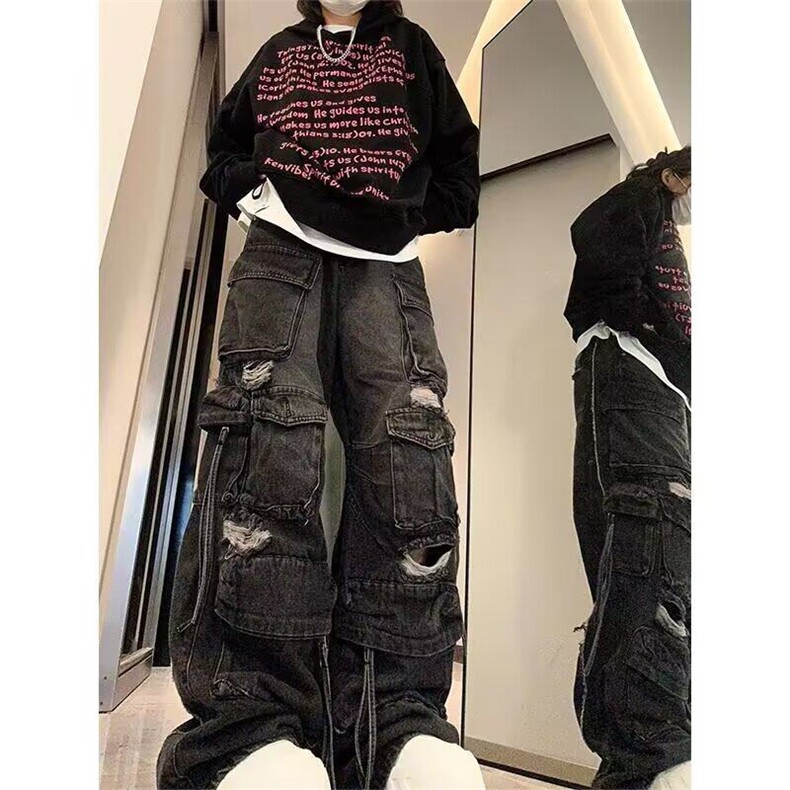 黑色多口袋破洞牛仔工装裤女2025美式重工设计感宽松直筒阔腿裤子图片