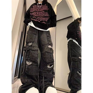 黑色多口袋破洞牛仔工装裤女2025美式重工设计感宽松直筒阔腿裤子图片