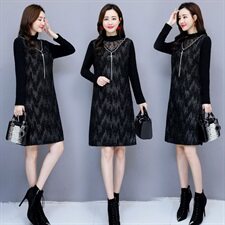 链条绣花植绒中长款长袖2020年冬季半高领纯色连衣裙，女装连衣裙，安之芮娜