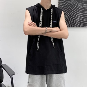 背心男潮流侧排扣宽松运动坎肩青少年高街连帽无袖t恤衫BX36 P35图片