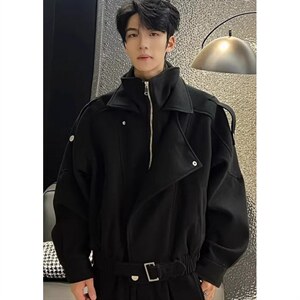 假两件短款毛呢大衣男秋冬痞帅美式结构呢子风衣外套 J7246图片