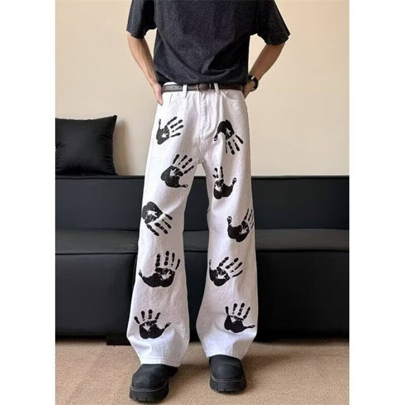 K7112-P46手掌印花牛仔裤男hiphop美式嘻哈街头痞帅直筒宽松,男装牛仔裤,电商B323A