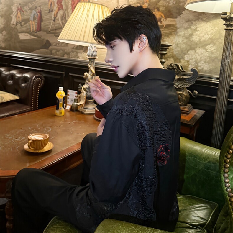 （）暗黑彩色玫瑰花朵复古衬衫男女百搭长袖衬衫5003-P88,男装衬衫,星座910-5