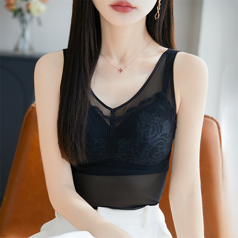 背心女美背带胸垫一体网纱免穿文胸内衣无痕收腹薄丝纱女神内搭薄,女装背心吊带,暖烁羊绒