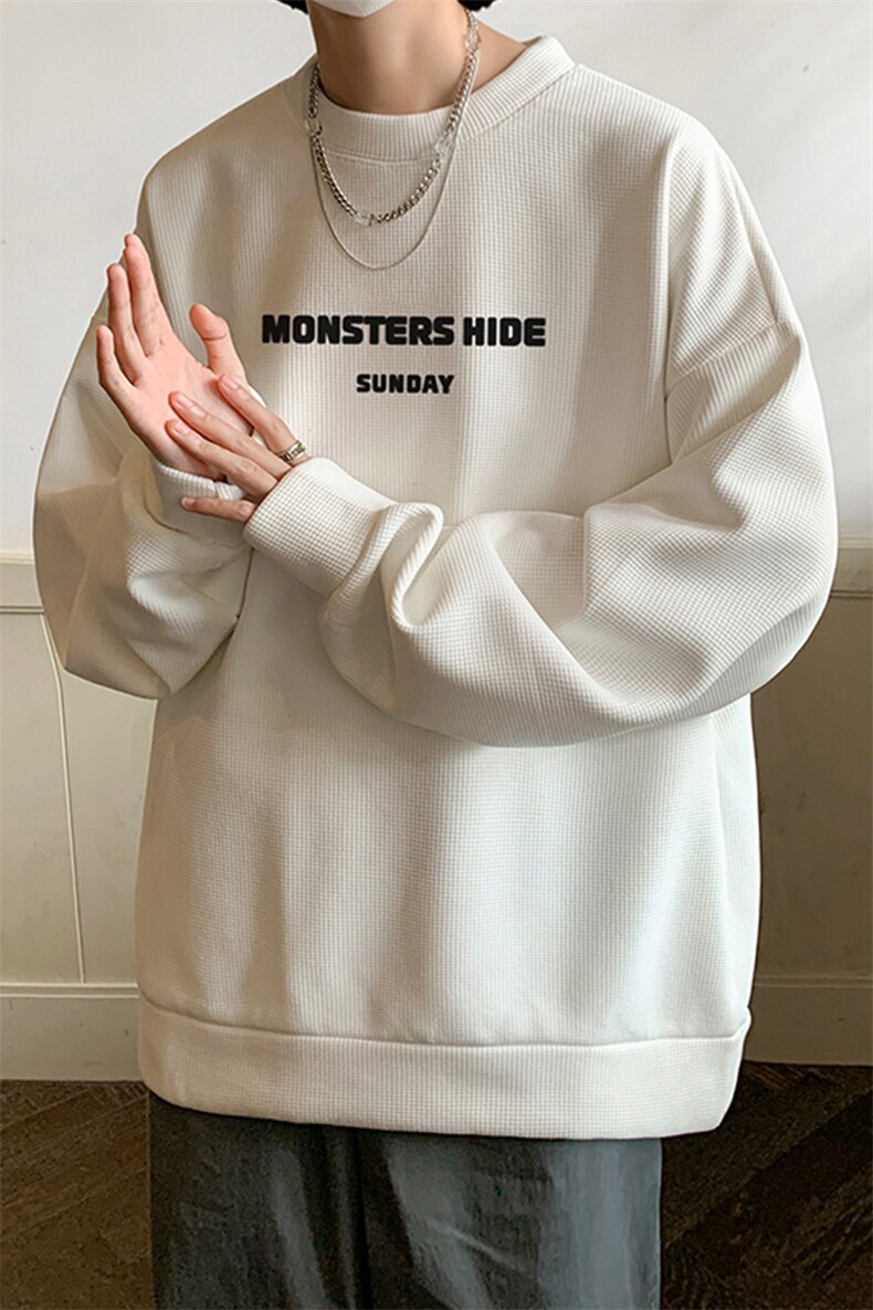 字母印花华夫格卫衣男春秋潮牌oversize美式复古重磅内搭圆领衣服,男装卫衣,电商B367