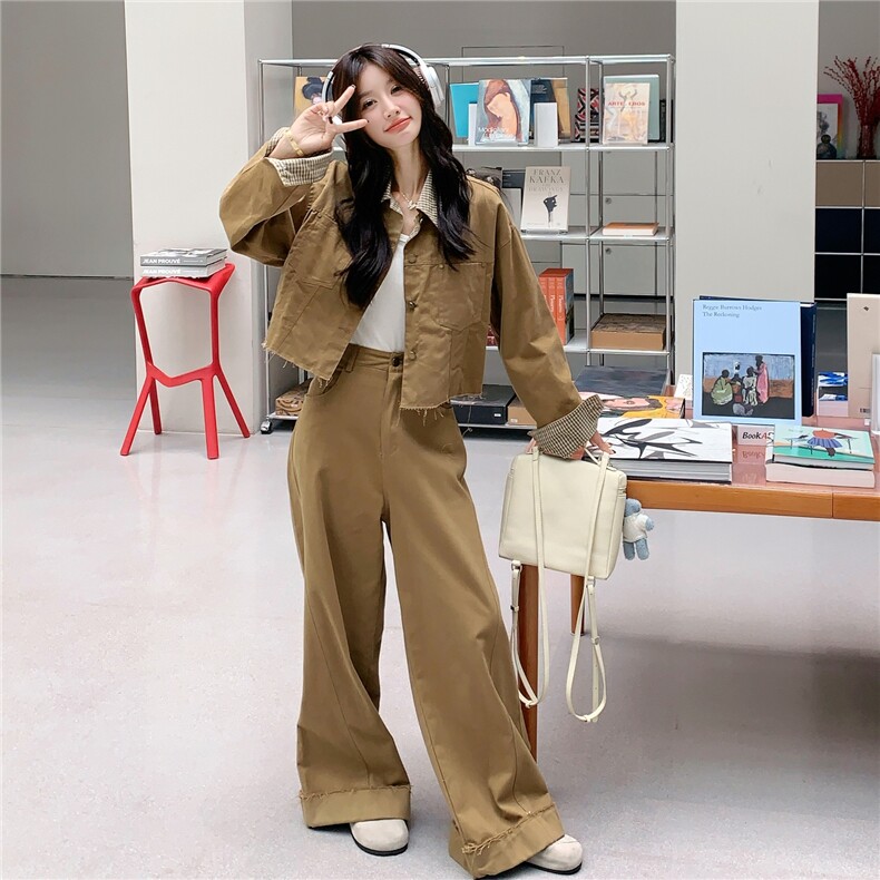 新款！大量！格子拼接工装阔腿裤两件套2C133-8975-P195-K268,女装套装/套裙,2C133