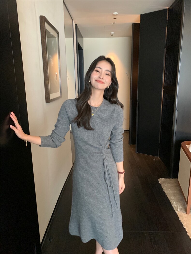 法式连衣裙女秋冬修身纯色套头中长款毛衣裙过膝针织连衣裙子,针织衫/毛衣,玛卡隆羊绒