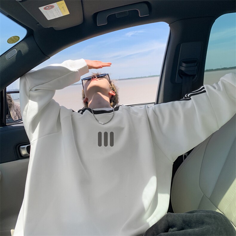 秋冬新款外景港风条纹圆领卫衣男宽松长袖T恤WY00184/P45加绒P50，男装T恤，电商B316