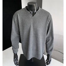 美式高街千鸟格子长袖T恤男女亨利V领英伦雅痞休闲宽松长袖打底衫，男装T恤，电商A443