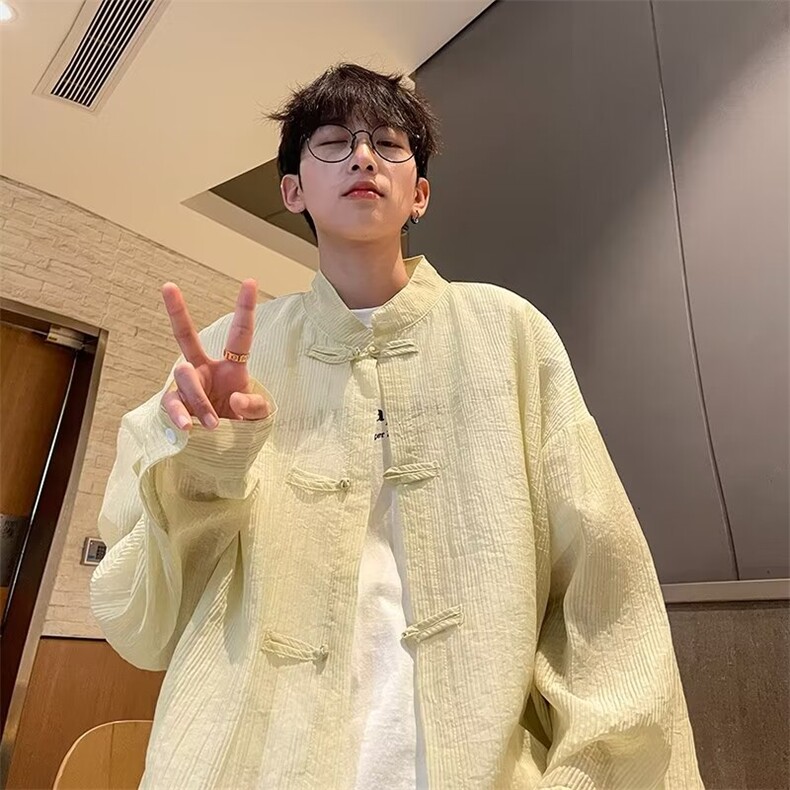 新中式立领提花衬衫男长袖风唐装外套新款潮流宽松盘扣衬衣,男装衬衫,星座218-1（原230）