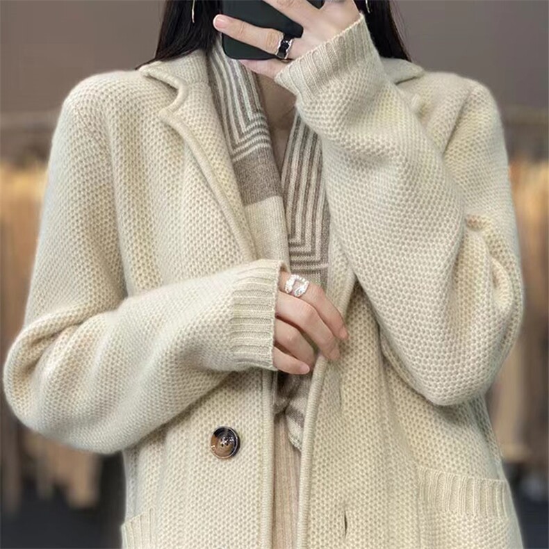 西装领羊毛开衫女重磅加厚宽松慵懒风针织外套毛衣秋冬新款羊绒衫,针织衫/毛衣,萱芳婷羊绒