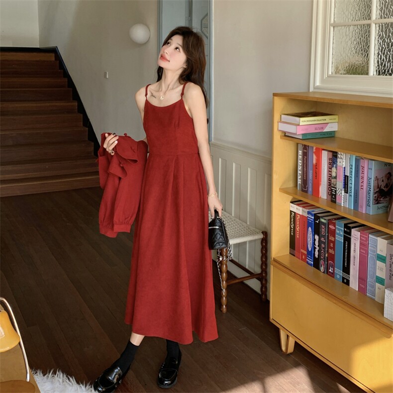 新品2C273-1105-P165-K268红色新中式灯芯绒吊带连衣裙两件套,女装连衣裙,2C273