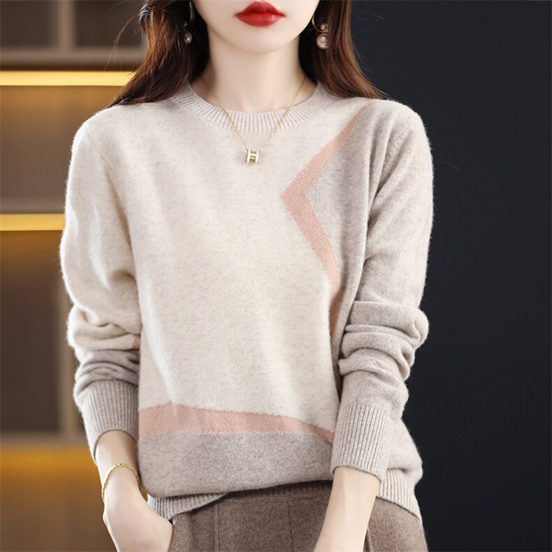 拼色100羊毛衫女宽松圆领衫毛衣女撞色加厚上衣针织打底衫，女装羊毛衫，犀桦羊绒