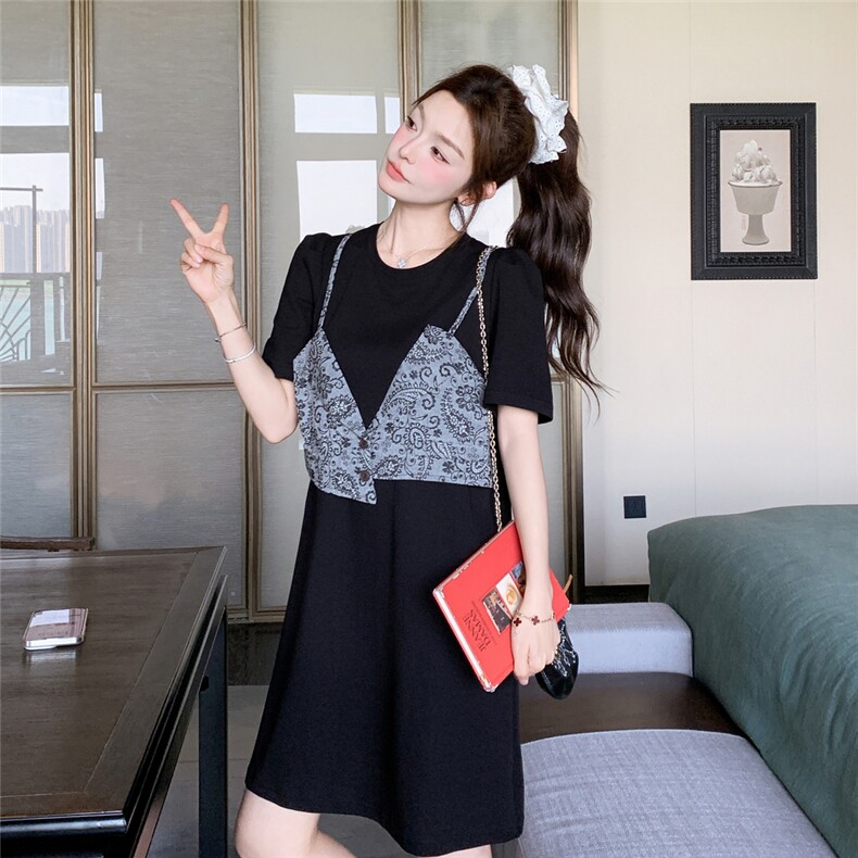 夏日小个子显瘦连衣裙女2025新款韩系假两件复古设计感直筒T恤裙,女装连衣裙,2C201