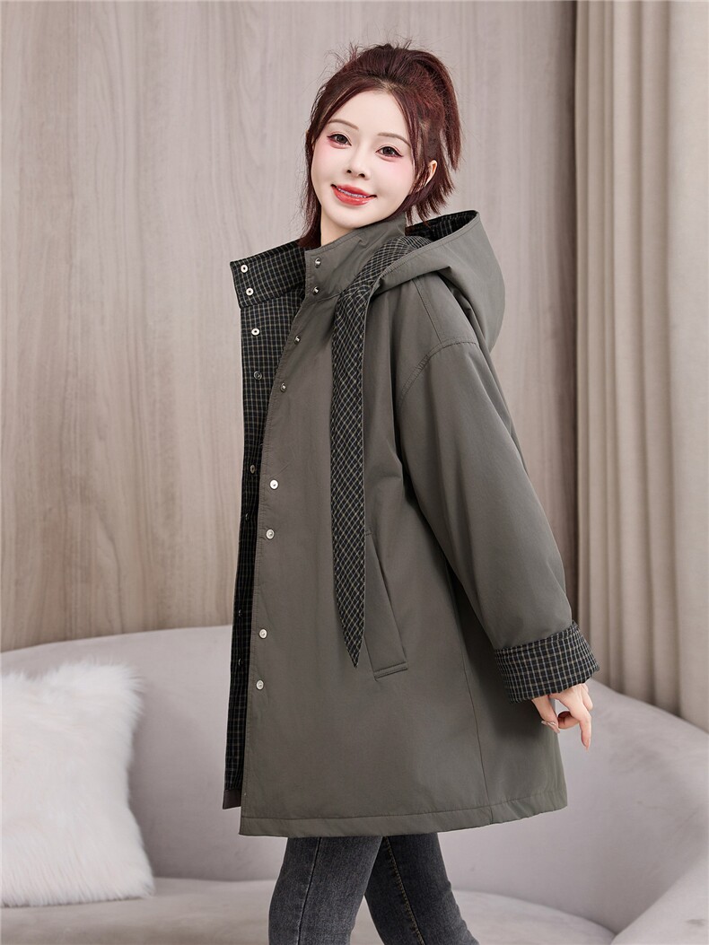 高端羽绒服女撞色格子拼接连帽中长款派克服冬2025新款白鸭绒外套,女装羽绒服,牡丹诺