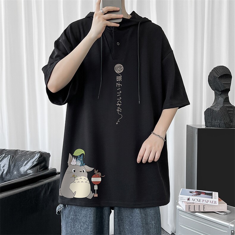 LD54152-P45 连帽短袖t恤男大码胖子带帽五分袖中袖图片
