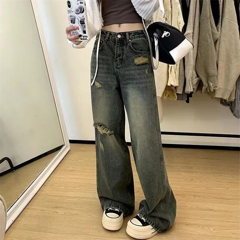 新中式复古破洞直筒牛仔裤女春秋季新款小个子高腰阔腿乞丐裤子潮，男装牛仔裤，星座1210-1