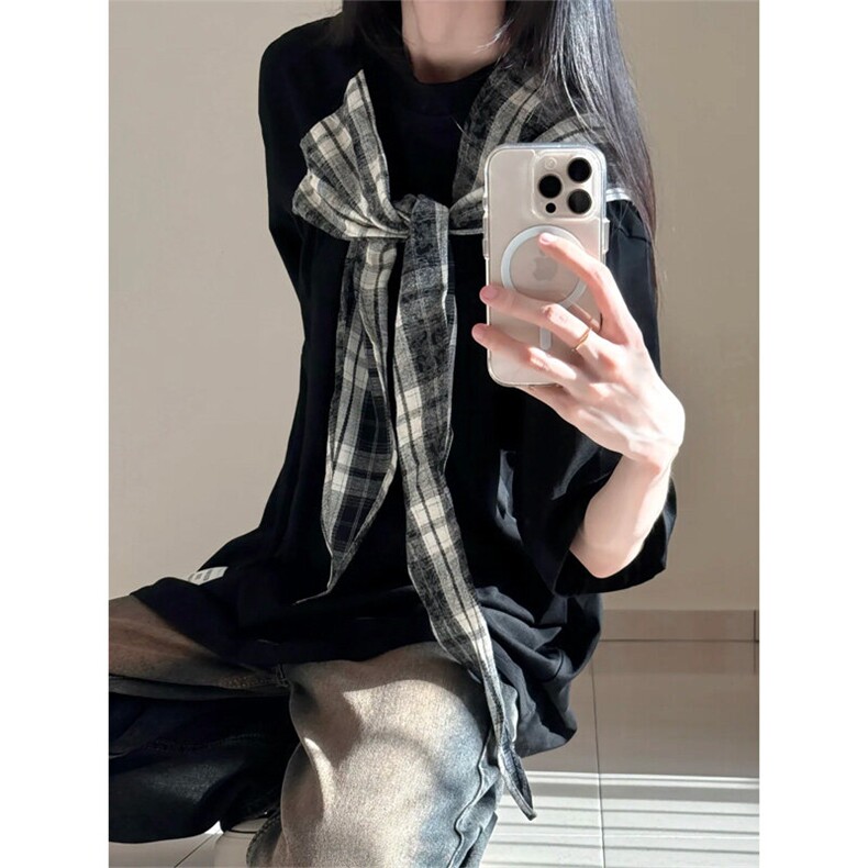 【有货】PX01LL-特P38 格子拼接蝴蝶结短袖t恤男女图片